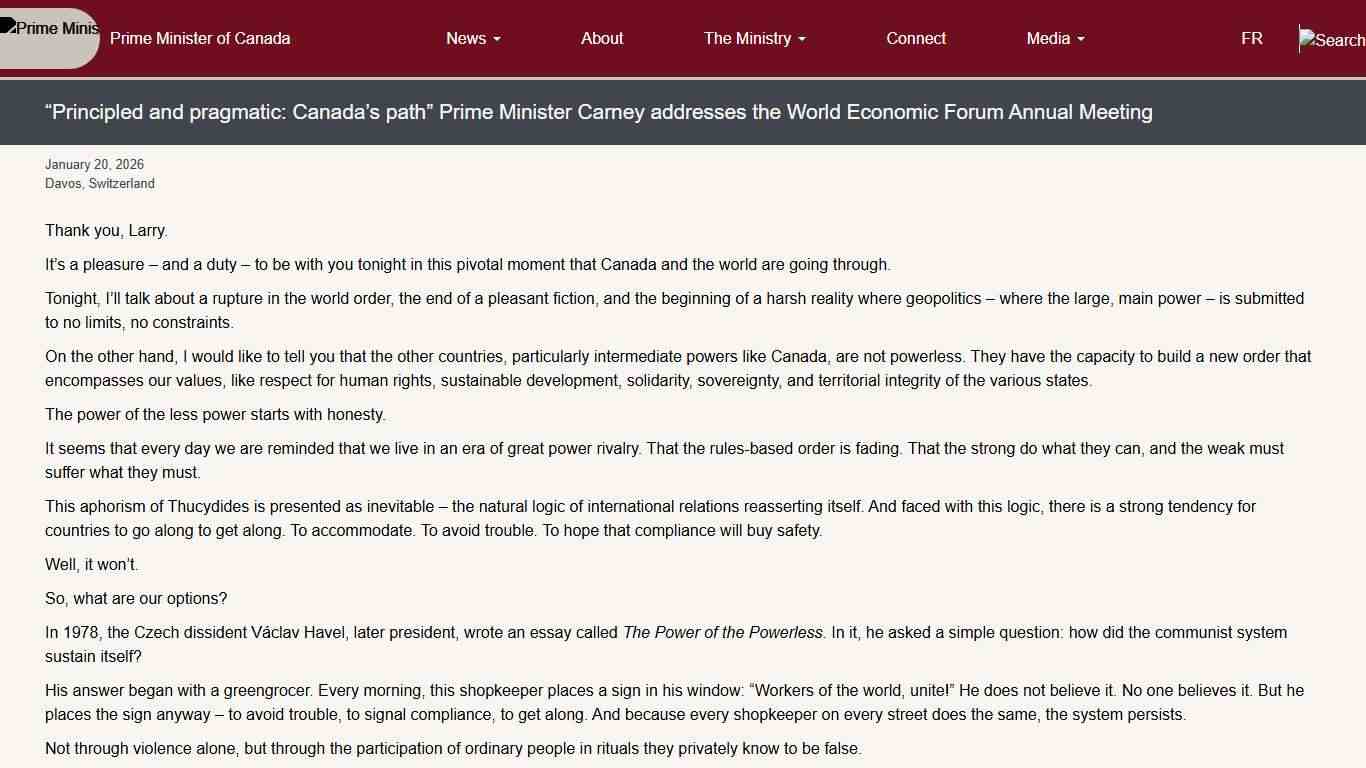 “Principled and pragmatic: Canada’s path” Prime Minister Carney addresses the World Economic Forum Annual Meeting Prime Minister of Canada